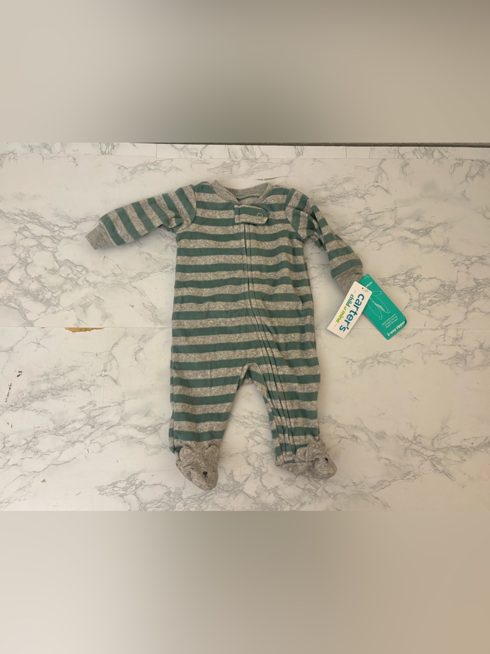 Carter's Newborn Cotton Knit Mouse Footed Sleeper 2-Way Zip Gray Green Stripe